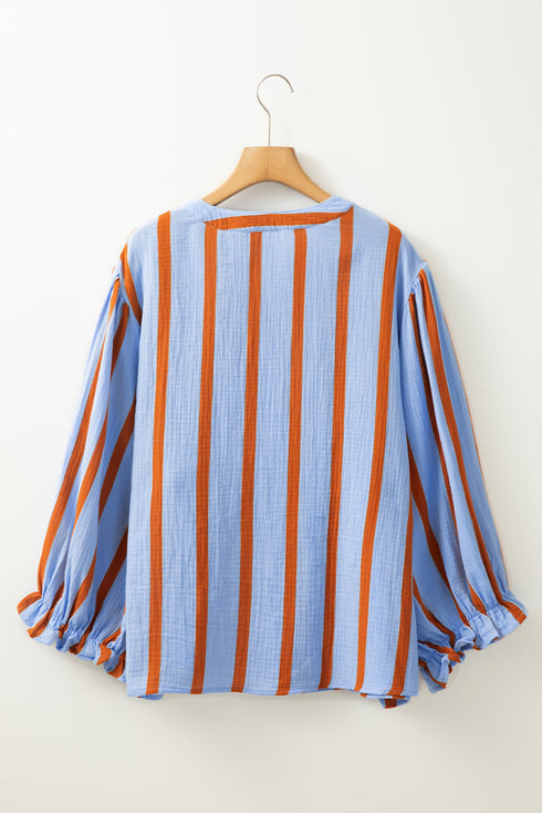 Stripe Crinckled Ruffled Sleeve Button up Loose Shirt